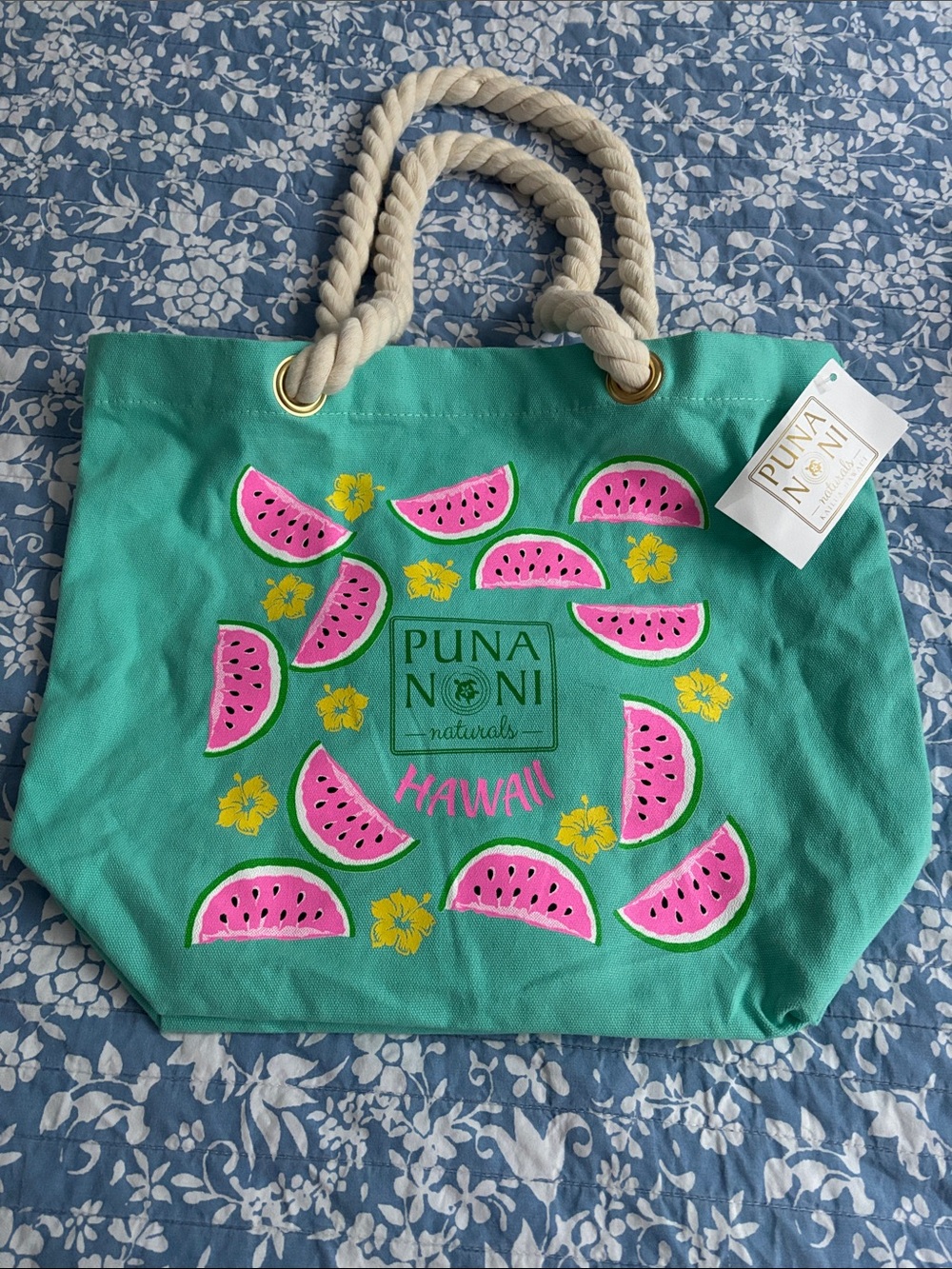 Puna Noni Teal Canvas Tote with Pink Watermelon Print